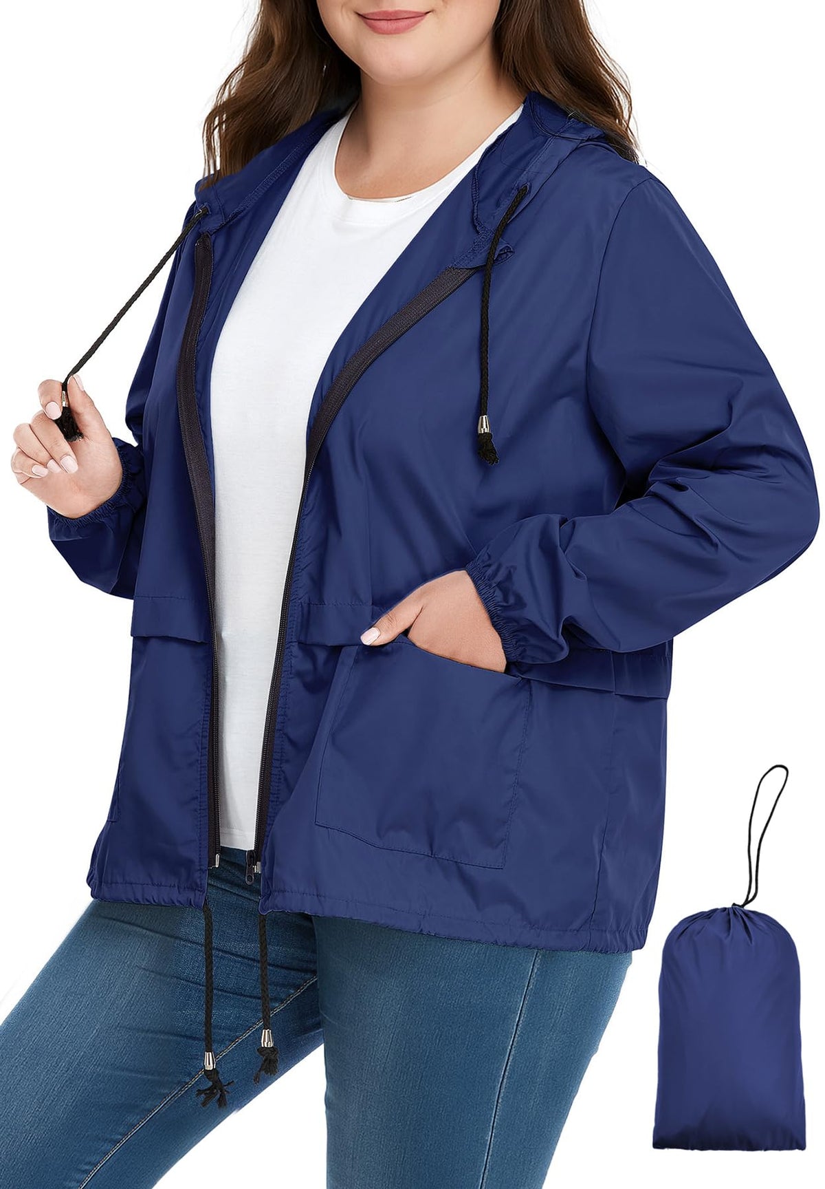 Zando Plus Size Rain Jacket Women Lightweight Packable Hooded Windbreaker