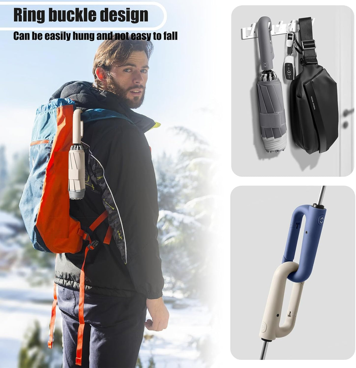 Ring Buckle Fully Automatic Umbrella, Reflective Safety Strip, Sturdy Windproof, Reverse Automatic, Travel Portable, Compact Folding (Black)