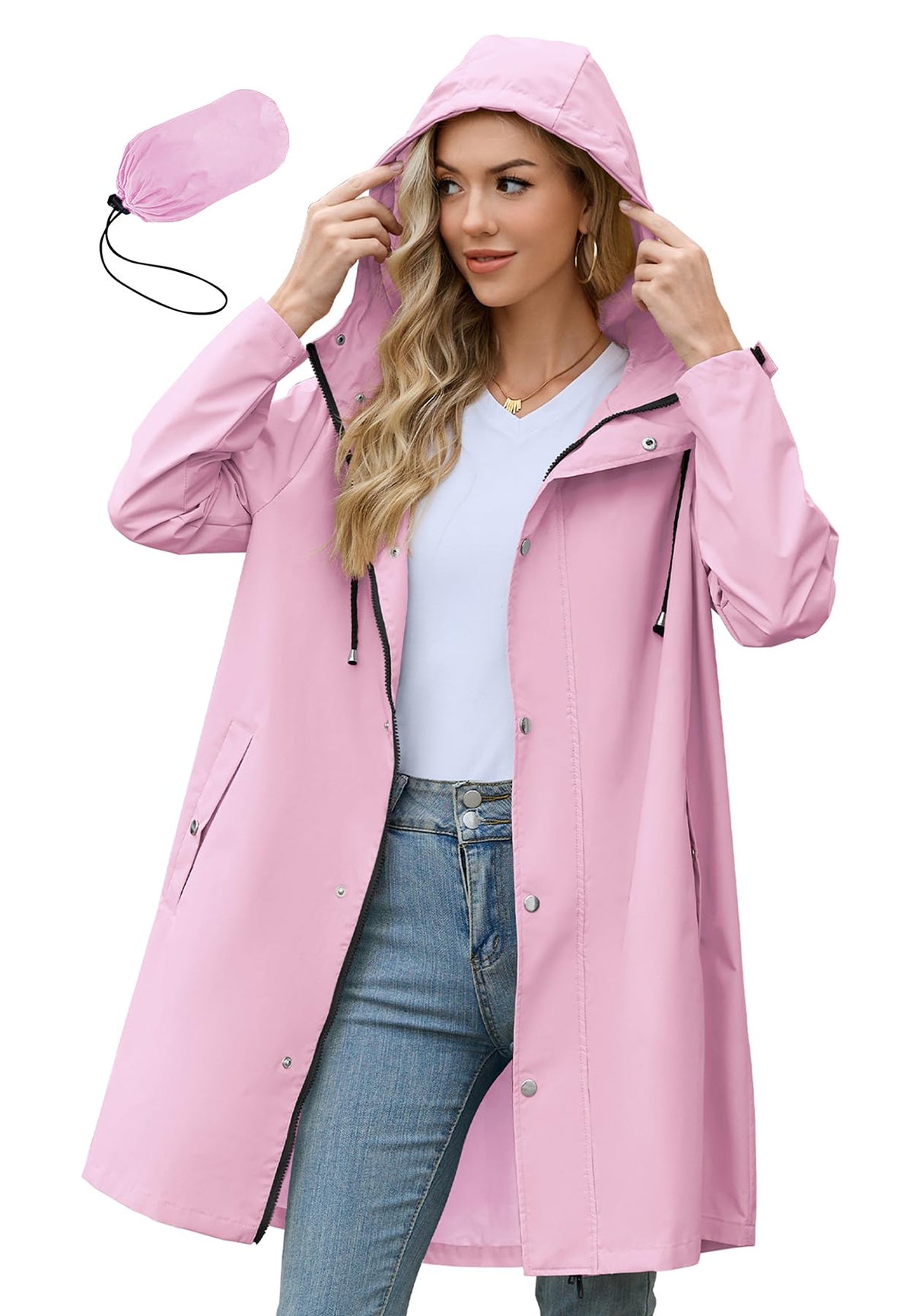 Zando Long Packable Rain Jacket Women Waterproof Raincoat with Hood