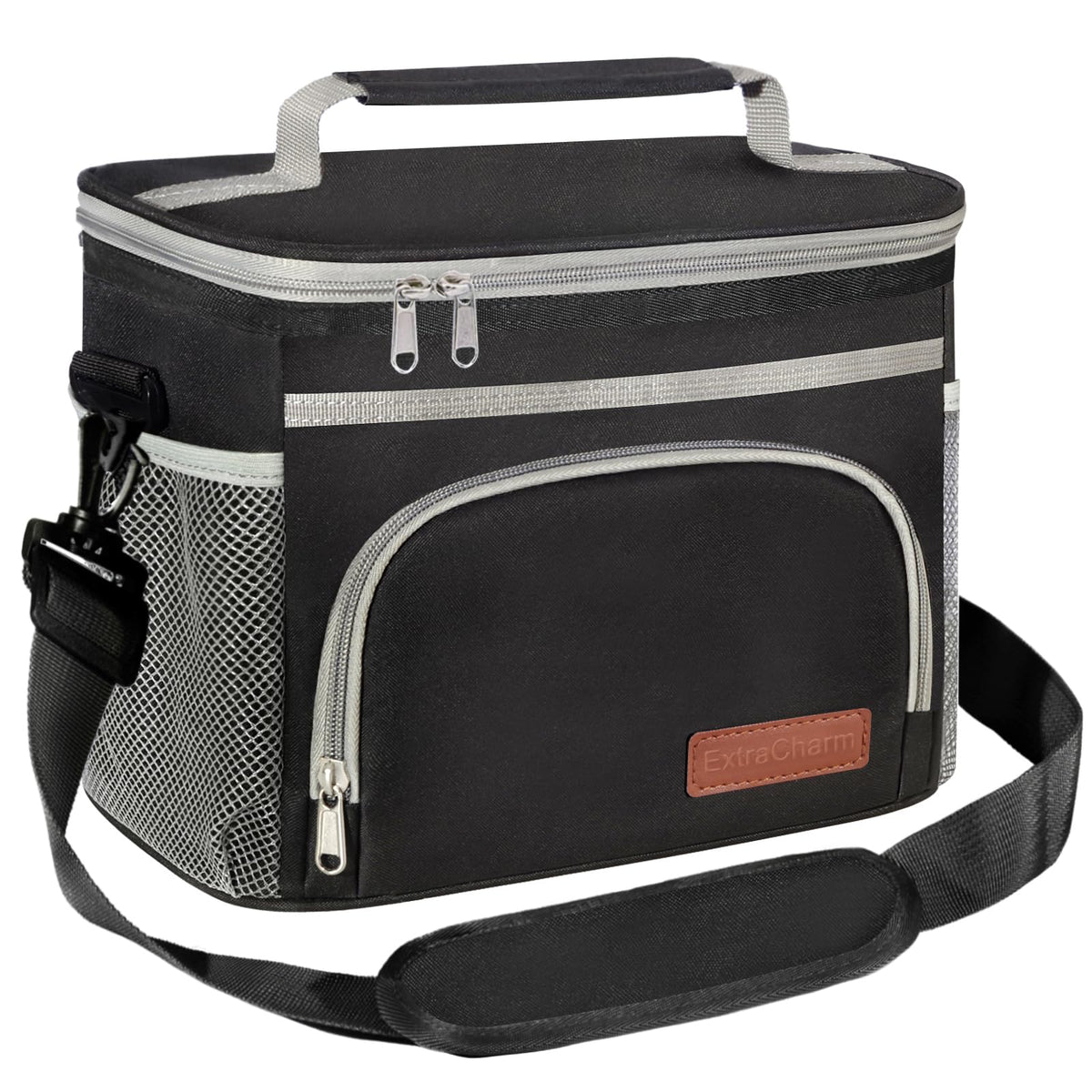 ExtraCharm Insulated Lunch Bag for Women/Men - Reusable Lunch Box for Office Picnic Hiking Beach - Leakproof Cooler Tote Bag Organizer with Adjustable Shoulder Strap for Adults - Black