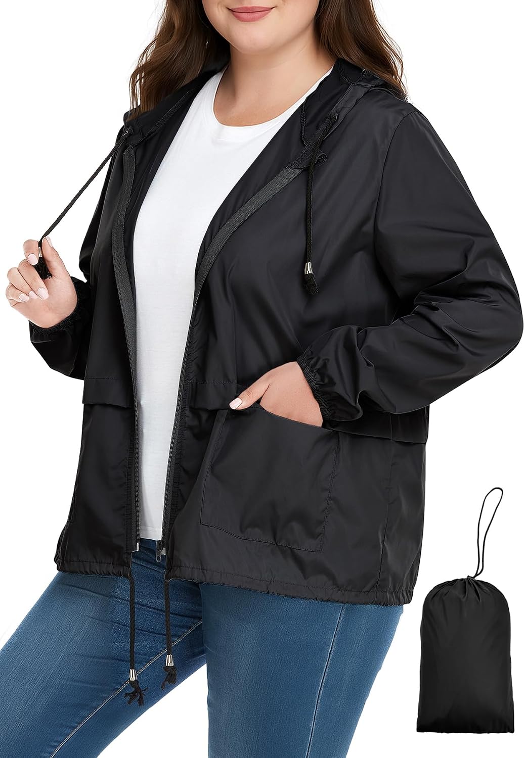 Zando Plus Size Rain Jacket Women Lightweight Packable Hooded Windbreaker