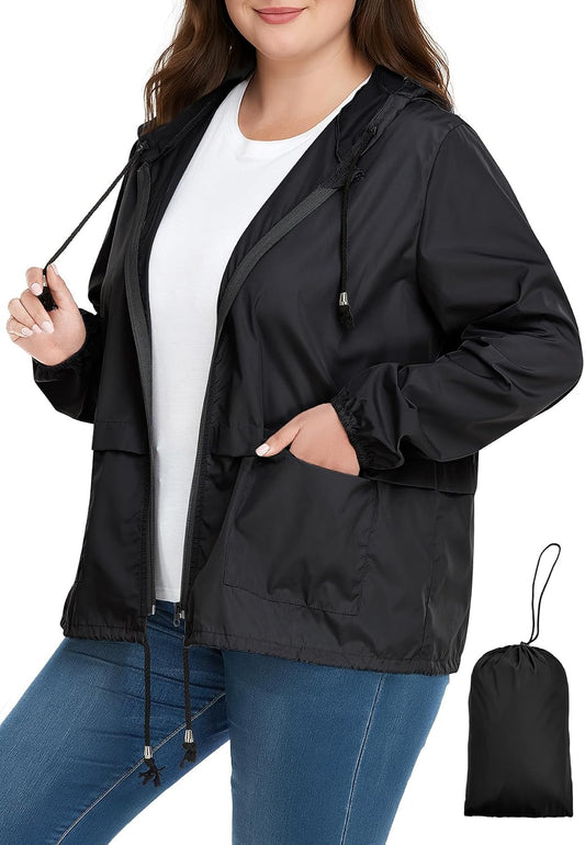 Zando Plus Size Rain Jacket Women Lightweight Packable Hooded Windbreaker