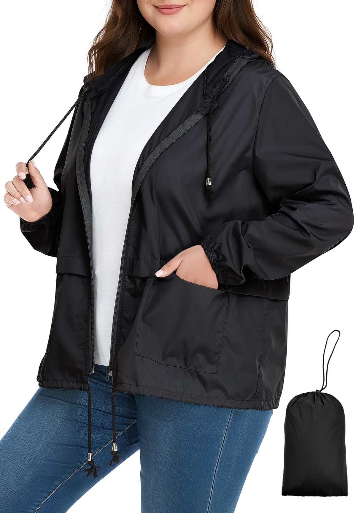 Zando Plus Size Rain Jacket Women Lightweight Packable Hooded Windbreaker