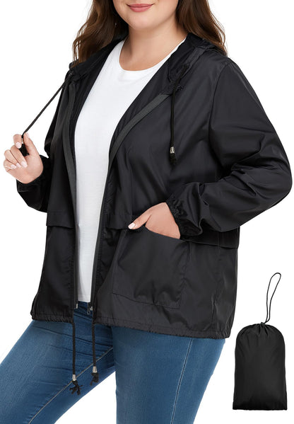 Zando Plus Size Rain Jacket Women Lightweight Packable Hooded Windbreaker
