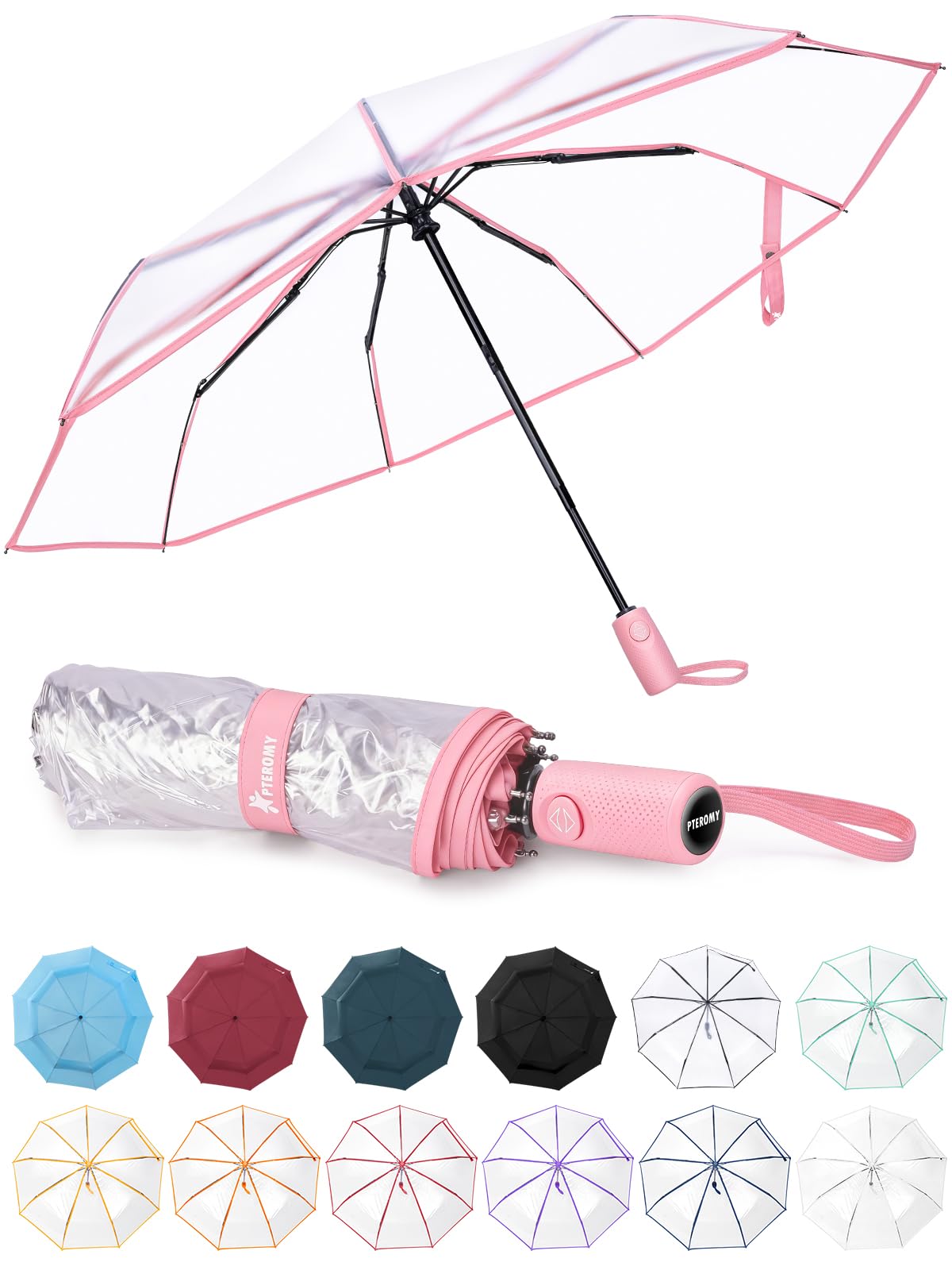 PTEROMY Windproof Travel Umbrellas for Rain and Sun, Withstands 85MPH Winds Auto Open Close Folding Umbrella with Ergonomic Handle, Quick Dry Canopy for Commuting or Backpack