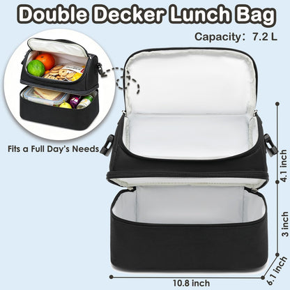 FlowFly Double Decker Cooler Insulated Lunch Bag Large Tote for Boys, Girls, Men, Women, With Adjustable Strap,Black