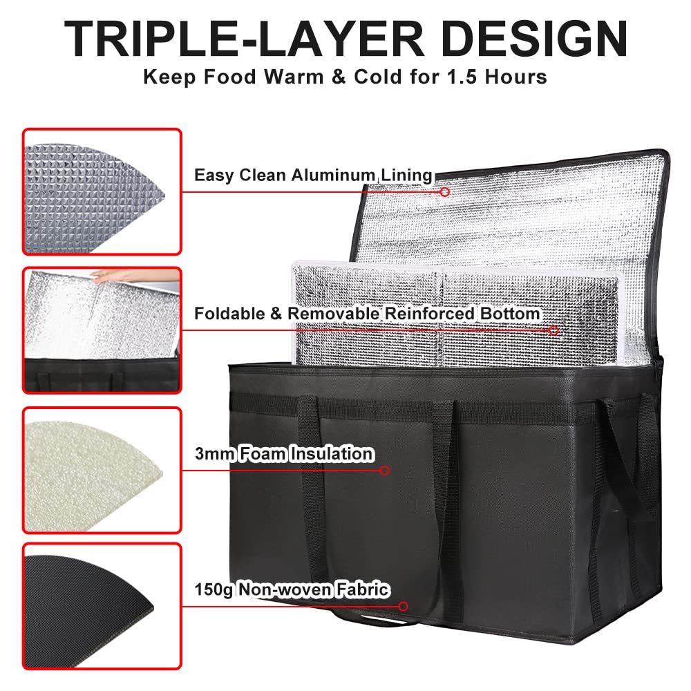 1-Pack Insulated Food Delivery Bag with Hard Bottom, 3X-Large, Black