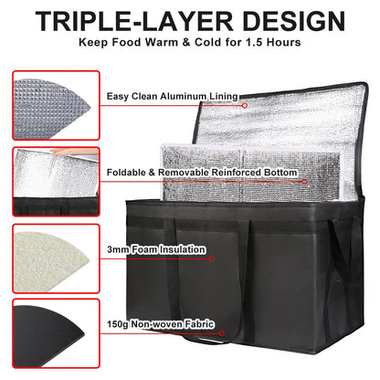 1-Pack Insulated Food Delivery Bag with Hard Bottom, 3X-Large, Black