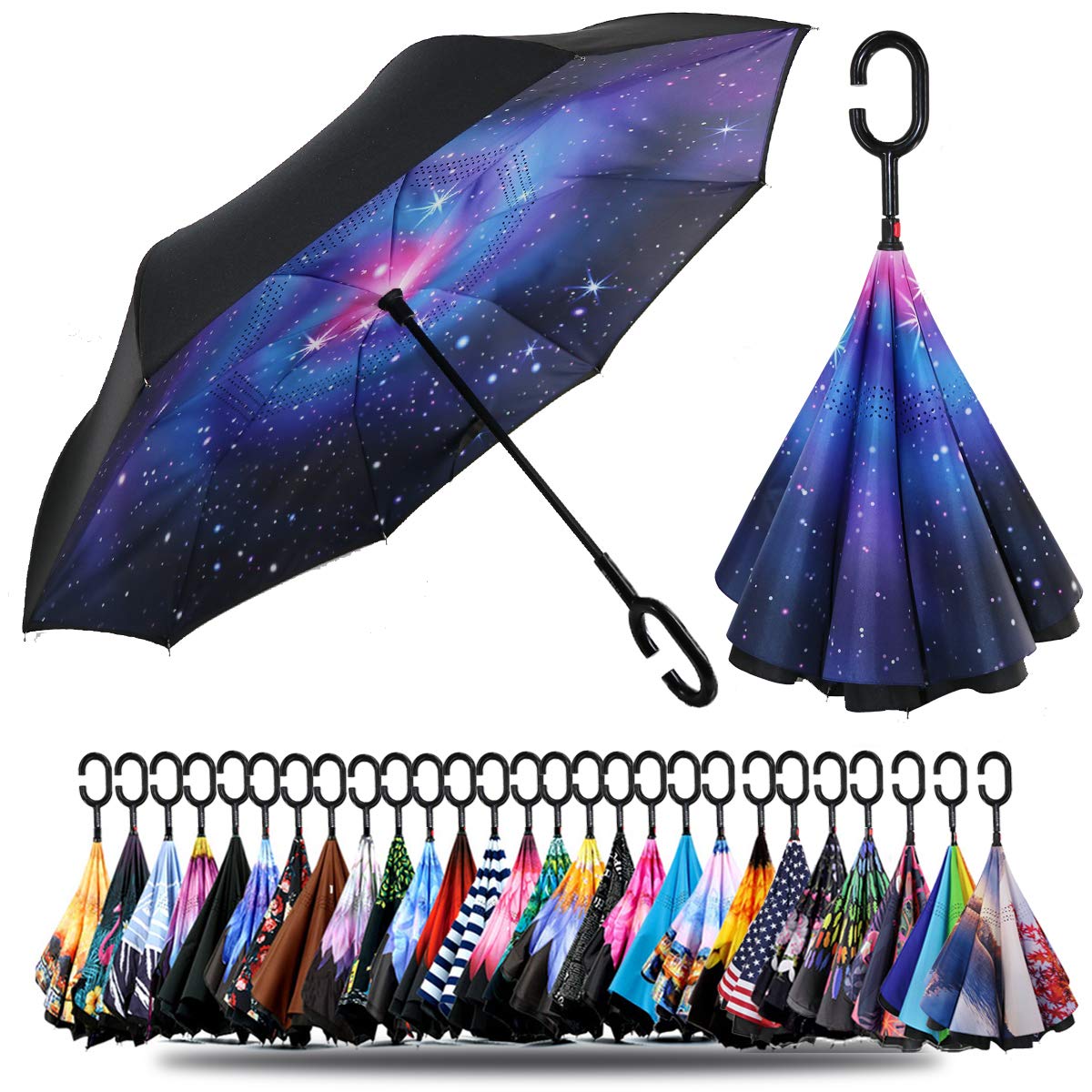 SIEPASA 49/56 Inch Inverted Reverse Upside Down Umbrella, Extra Large Double Canopy Vented Windproof Waterproof Stick Golf Umbrellas with C-shape Handle.
