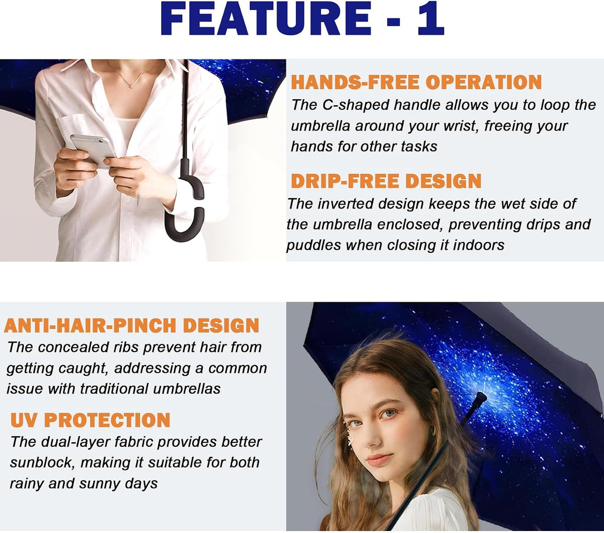 SIEPASA 49/56 Inch Inverted Reverse Upside Down Umbrella, Extra Large Double Canopy Vented Windproof Waterproof Stick Golf Umbrellas with C-shape Handle.
