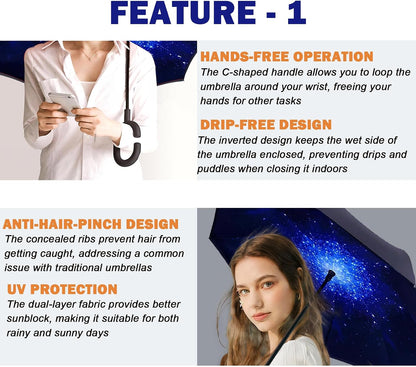 SIEPASA 49/56 Inch Inverted Reverse Upside Down Umbrella, Extra Large Double Canopy Vented Windproof Waterproof Stick Golf Umbrellas with C-shape Handle.