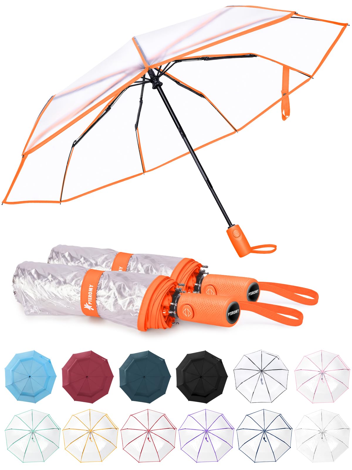 PTEROMY Windproof Travel Umbrellas for Rain and Sun, Withstands 85MPH Winds Auto Open Close Folding Umbrella with Ergonomic Handle, Quick Dry Canopy for Commuting or Backpack