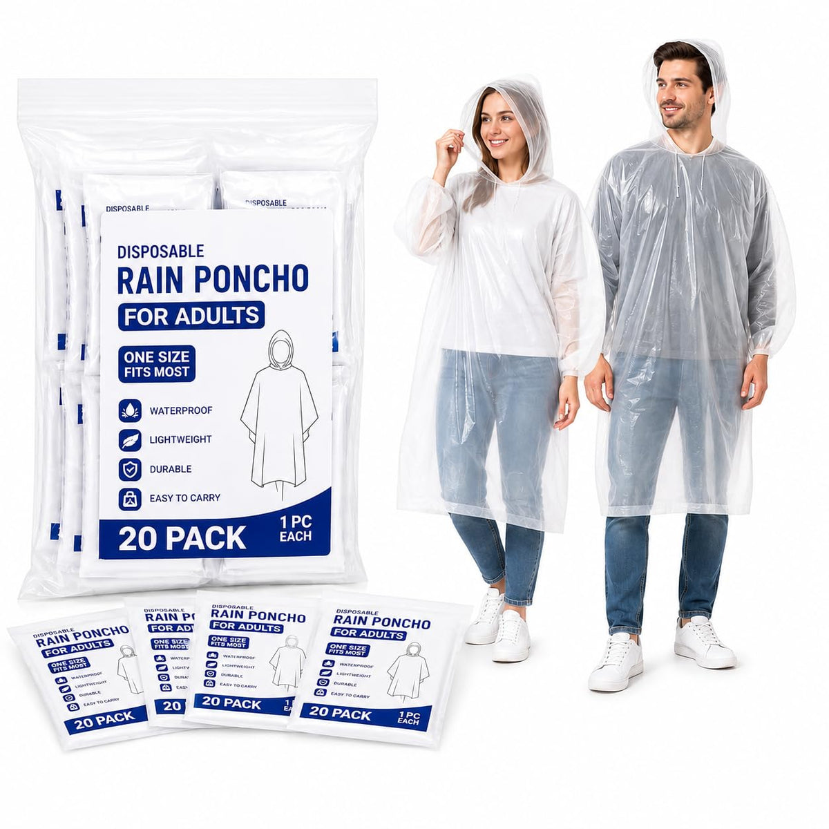 Juvale Raincoat Plastic Disposable Rain Ponchos with Hood - Bulk Emergency Rain Cover