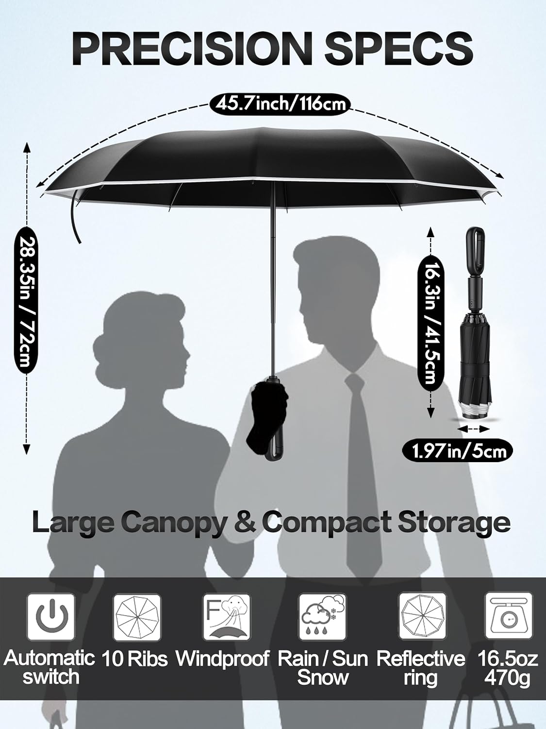 Auto Reverse Folding UV Travel Umbrella, Rain Sun Use, 360 Reflective