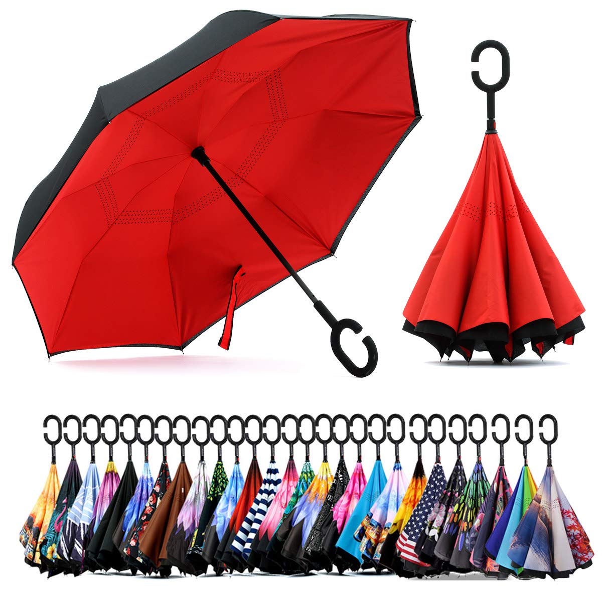 SIEPASA 49/56 Inch Inverted Reverse Upside Down Umbrella, Extra Large Double Canopy Vented Windproof Waterproof Stick Golf Umbrellas with C-shape Handle.