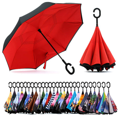 SIEPASA 49/56 Inch Inverted Reverse Upside Down Umbrella, Extra Large Double Canopy Vented Windproof Waterproof Stick Golf Umbrellas with C-shape Handle.