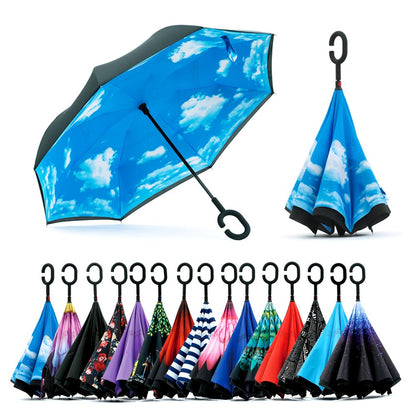 SIEPASA 49/56 Inch Inverted Reverse Upside Down Umbrella, Extra Large Double Canopy Vented Windproof Waterproof Stick Golf Umbrellas with C-shape Handle.