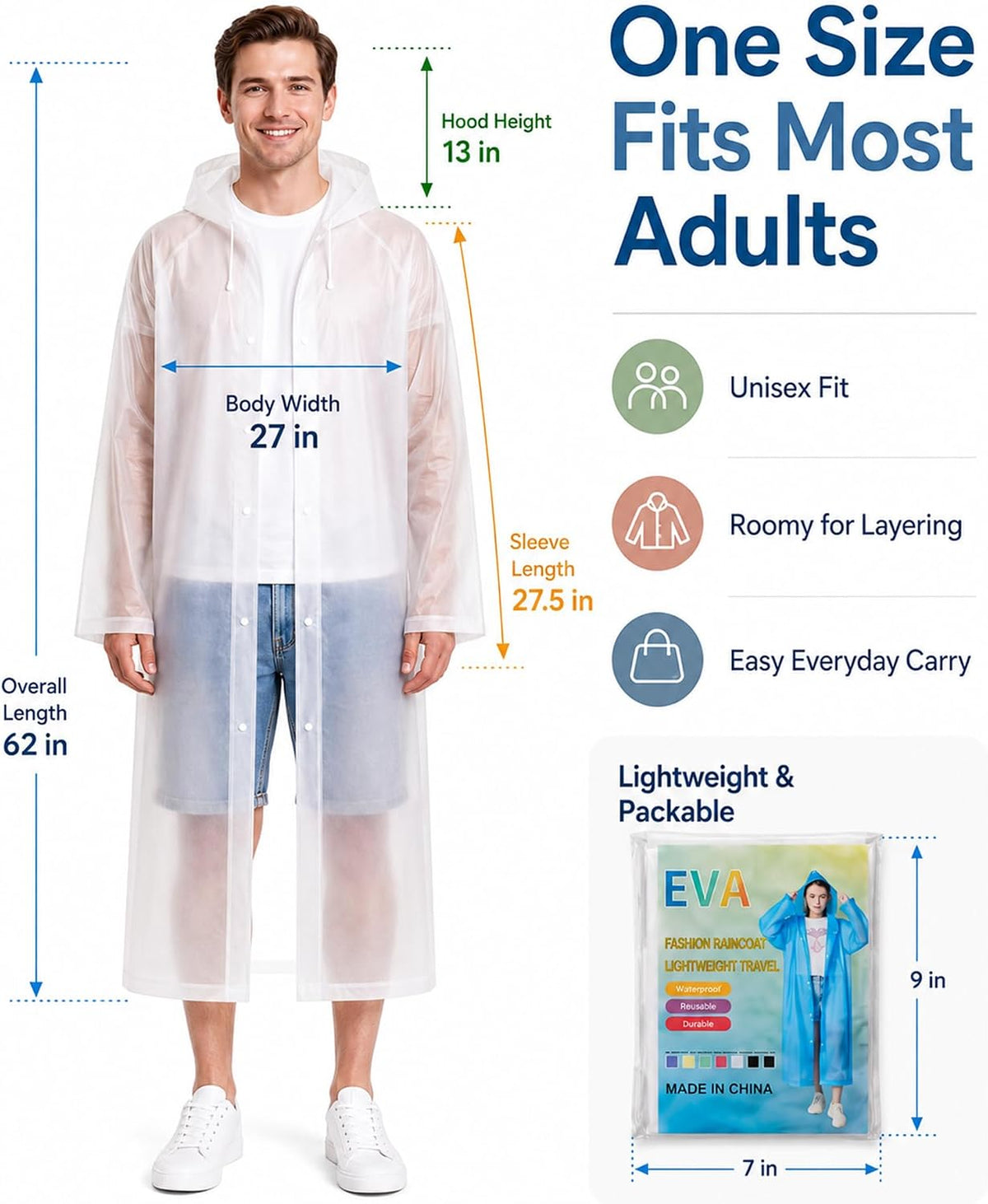 Rain Ponchos for Adults - 4 Pack Reusable EVA Waterproof Rain Jackets