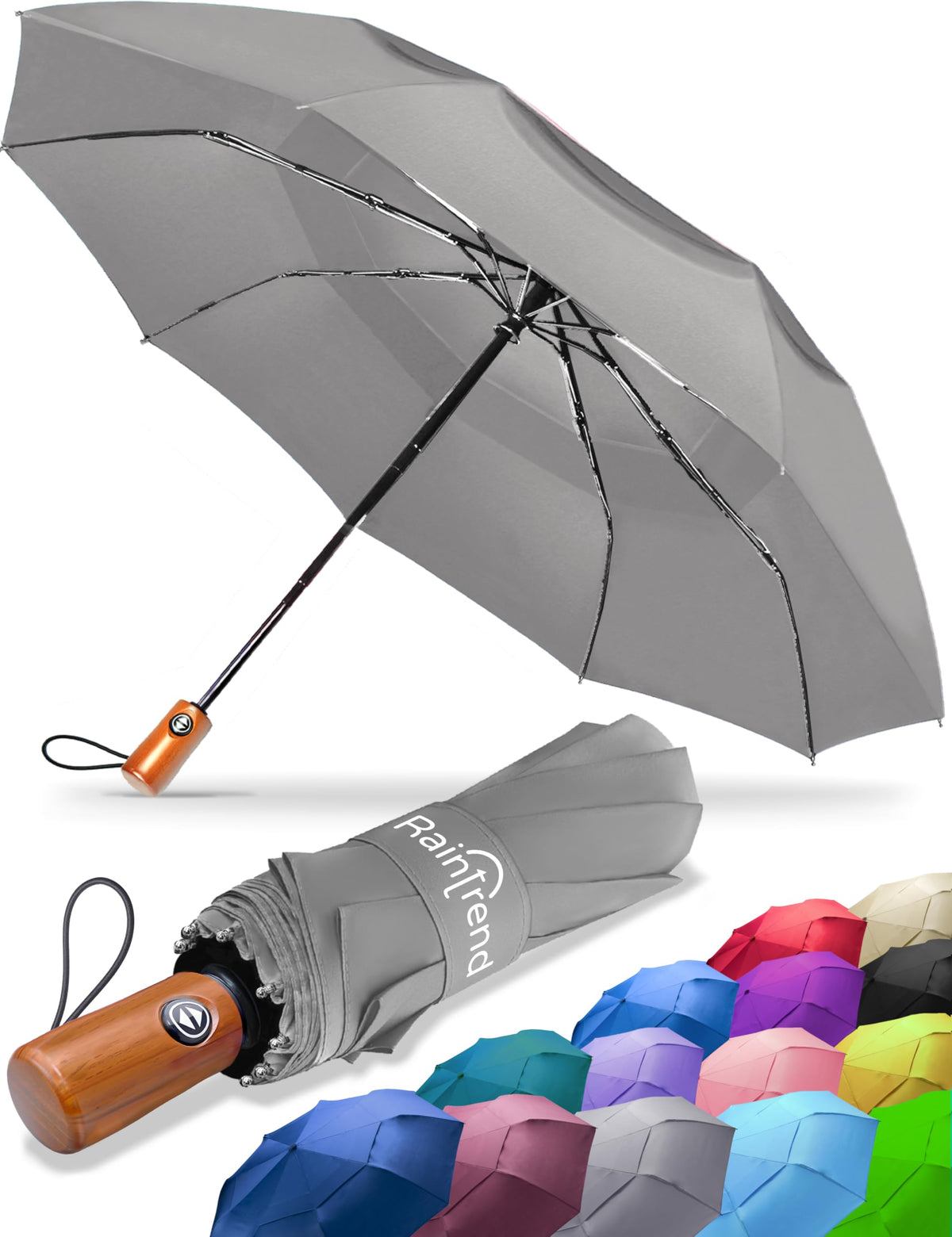 Raintrend Windproof Travel Umbrellas for Rain Automatic +10% Bigger Canopy Strong Frame Compact Folding Portable Umbrella for Women Men Backpack Purse