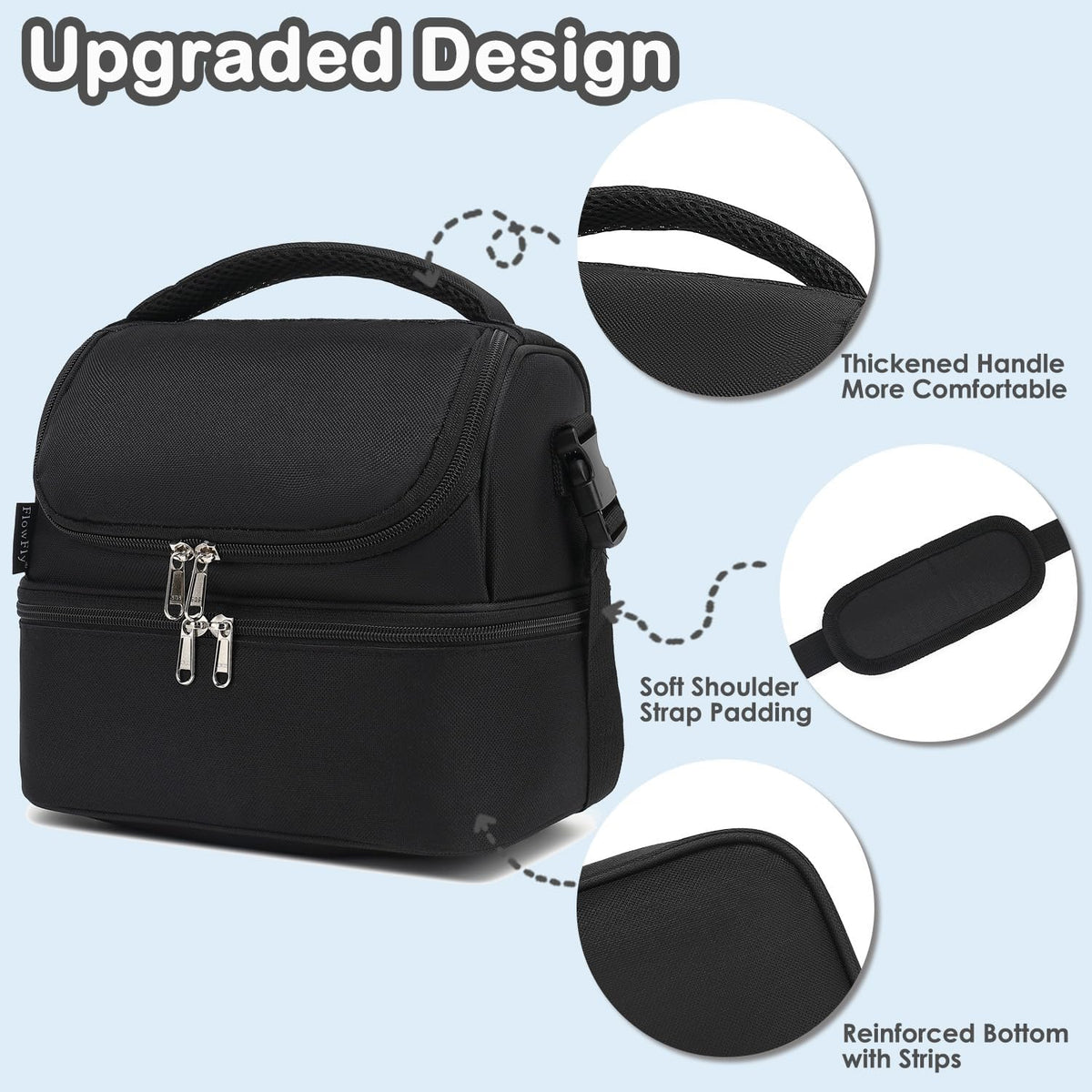 FlowFly Double Decker Cooler Insulated Lunch Bag Large Tote for Boys, Girls, Men, Women, With Adjustable Strap,Black