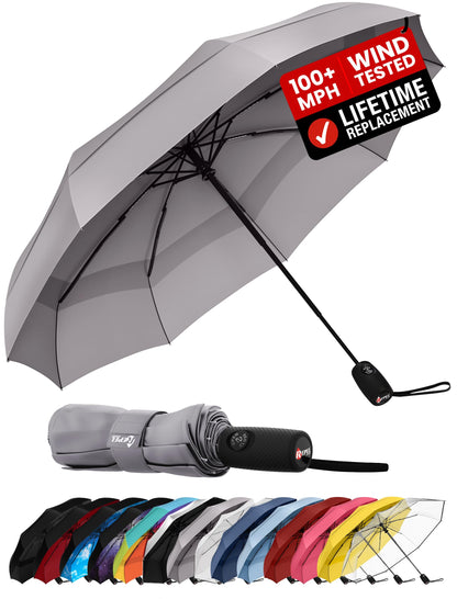 Windproof Travel Umbrella - Compact & Withstands Winds up to 100MPH, Strongest Premium Auto Folding Umbrella for Rain and Sun - Durable, Light & Portable for Women & Men, Fits Backpack & Cars