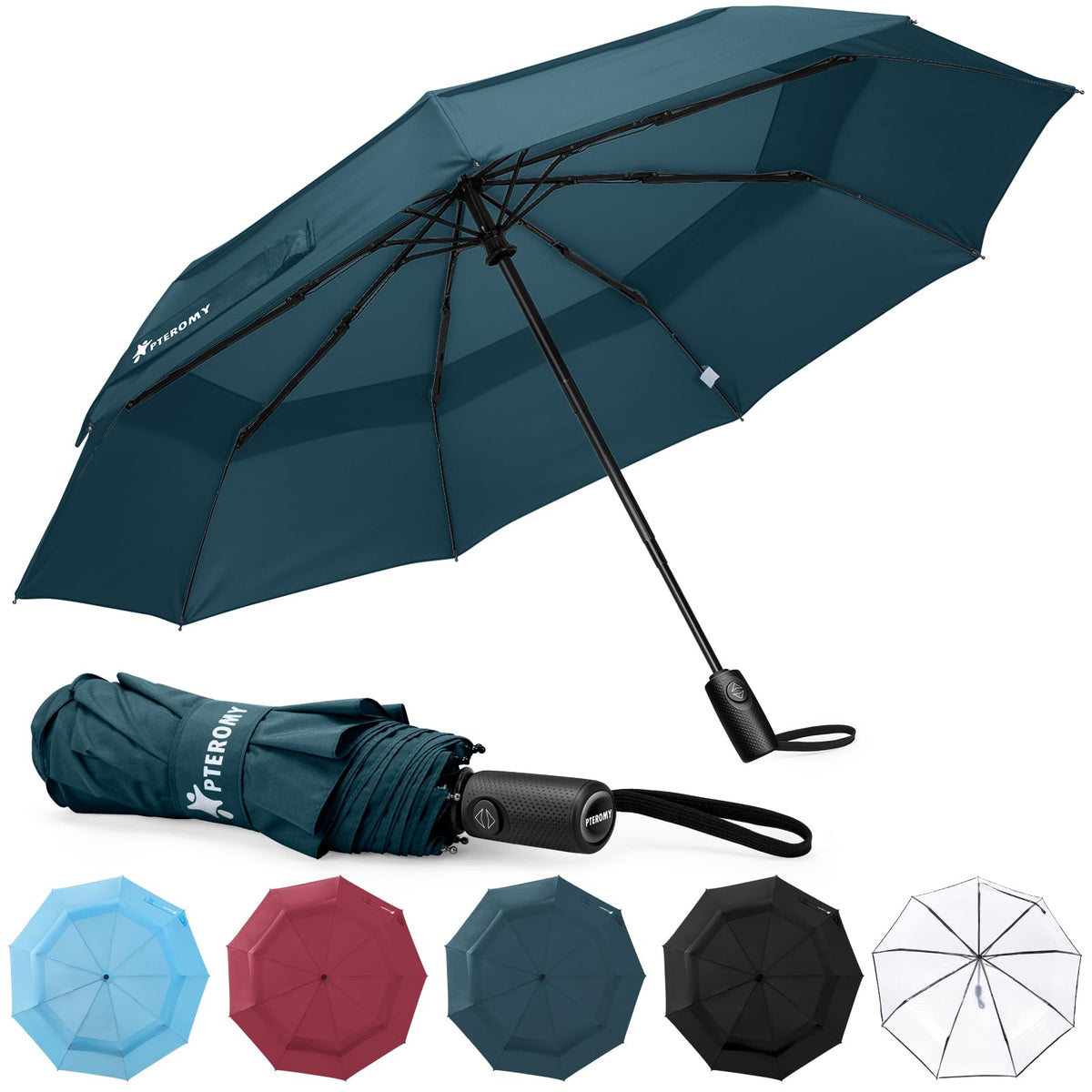 PTEROMY Windproof Travel Umbrellas for Rain and Sun, Withstands 85MPH Winds Auto Open Close Folding Umbrella with Ergonomic Handle, Quick Dry Canopy for Commuting or Backpack