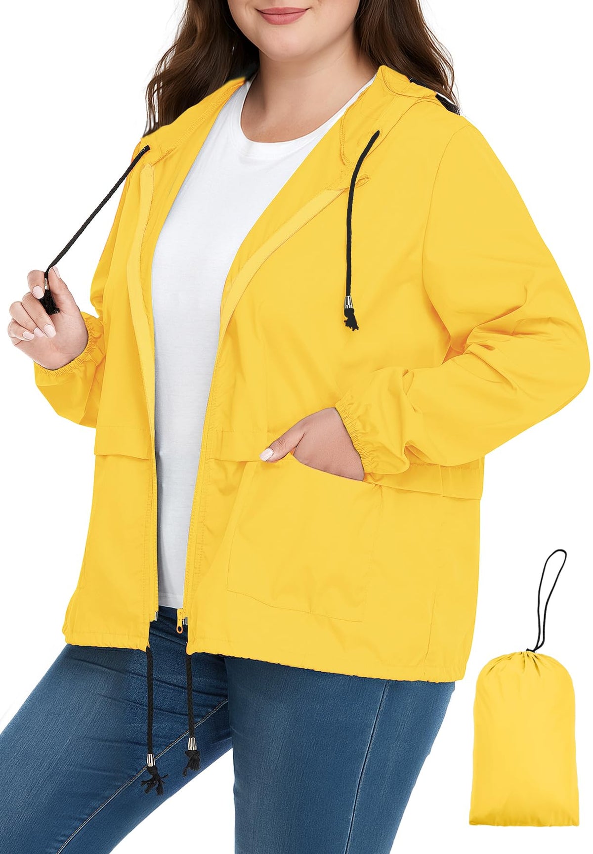 Zando Plus Size Rain Jacket Women Lightweight Packable Hooded Windbreaker
