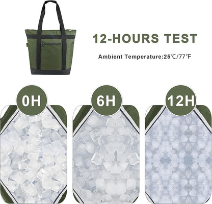 BeeGreen Cooler Bag Soft Insulated Tote for Beach Travel Grocery Shopping Lunch Portable Large Ice Coolers with Handle Hard Freezer Bags with Zippered Top Foldable Leakproof Delivery Totes Moss