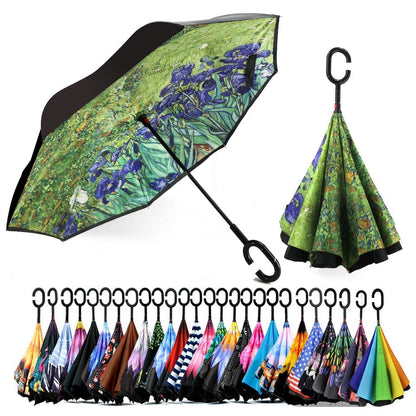SIEPASA 49/56 Inch Inverted Reverse Upside Down Umbrella, Extra Large Double Canopy Vented Windproof Waterproof Stick Golf Umbrellas with C-shape Handle.
