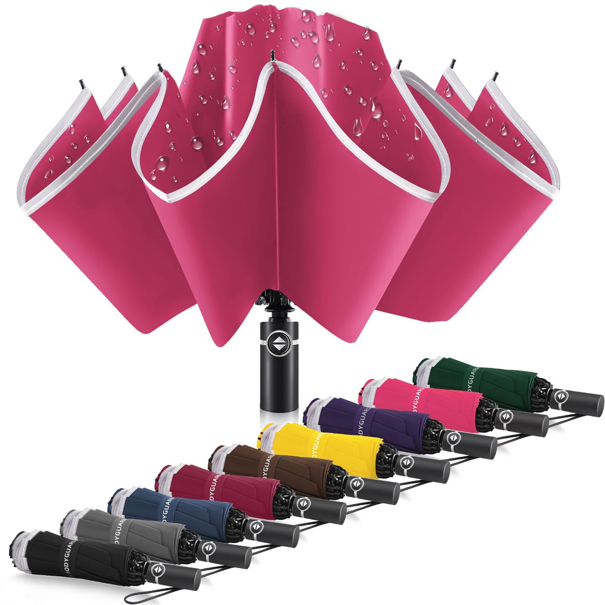 Bodyguard Inverted Umbrella - Large Windproof for Rain & Sun, Compact Reverse With Reflective Stripe, Teflon-Coated for Women Men, Travel Folding With Cover Bag