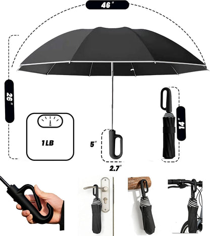 SIEPASA Travel Umbrella with Carabiner Handle - Windproof 10 Ribs Auto Open/Close for Rain & Sun Protection, Compact Portable Clip-on Backpack Design with Safety Reflective Strip.