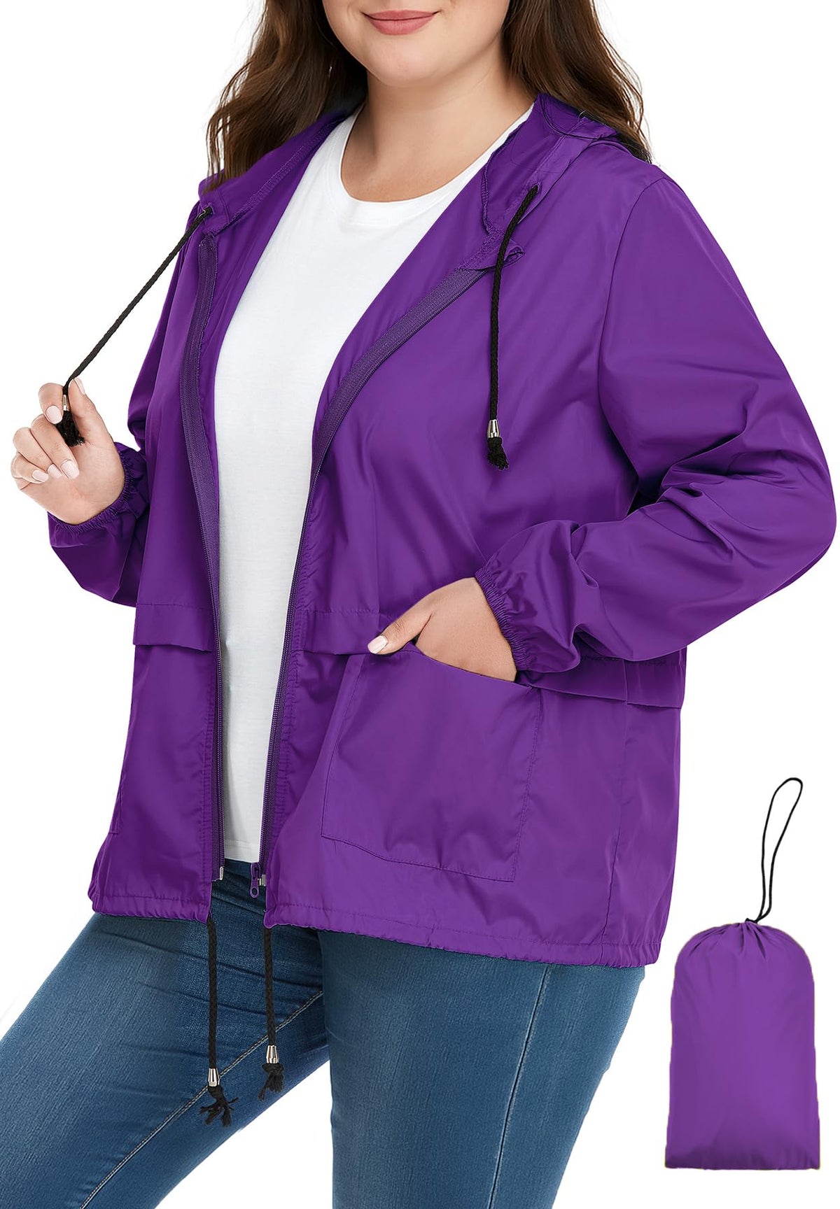 Zando Plus Size Rain Jacket Women Lightweight Packable Hooded Windbreaker