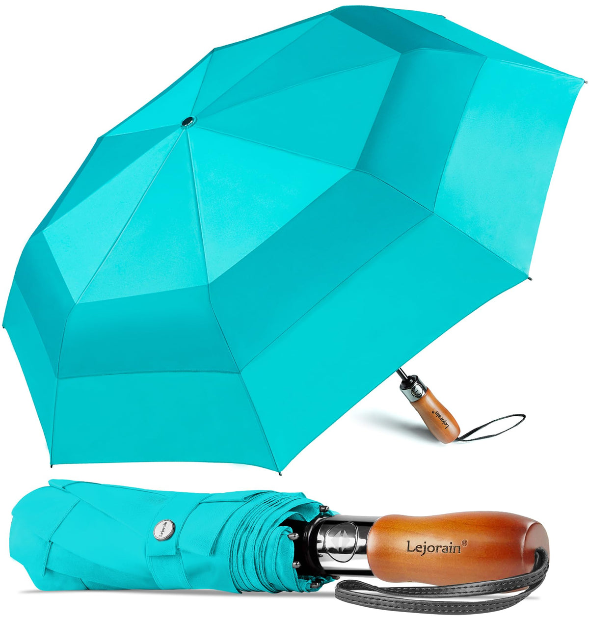 Windproof Golf Umbrella Large 54 Inch Folding Auto Open Close Wood Handle