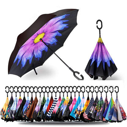 SIEPASA 49/56 Inch Inverted Reverse Upside Down Umbrella, Extra Large Double Canopy Vented Windproof Waterproof Stick Golf Umbrellas with C-shape Handle.