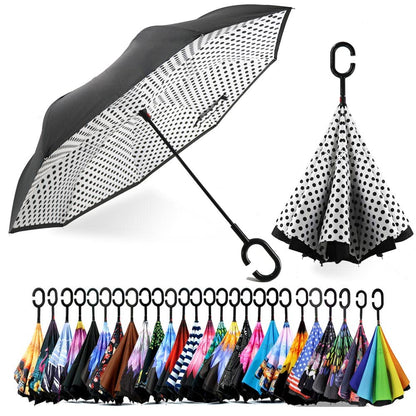 SIEPASA 49/56 Inch Inverted Reverse Upside Down Umbrella, Extra Large Double Canopy Vented Windproof Waterproof Stick Golf Umbrellas with C-shape Handle.