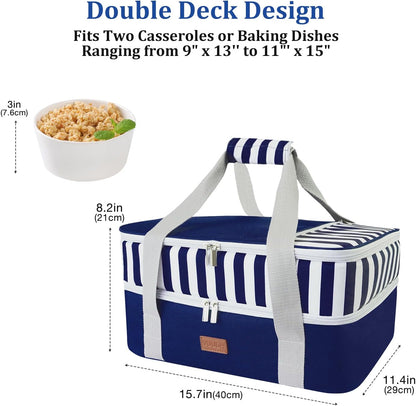Casserole Carrier Bag - Double Decker Food Bag, Insulated Casserole Carrier for Hot or Cold Food, Lasagna Holder Tote for Picnics,Beaches,Traveling or Gifts (Blue)