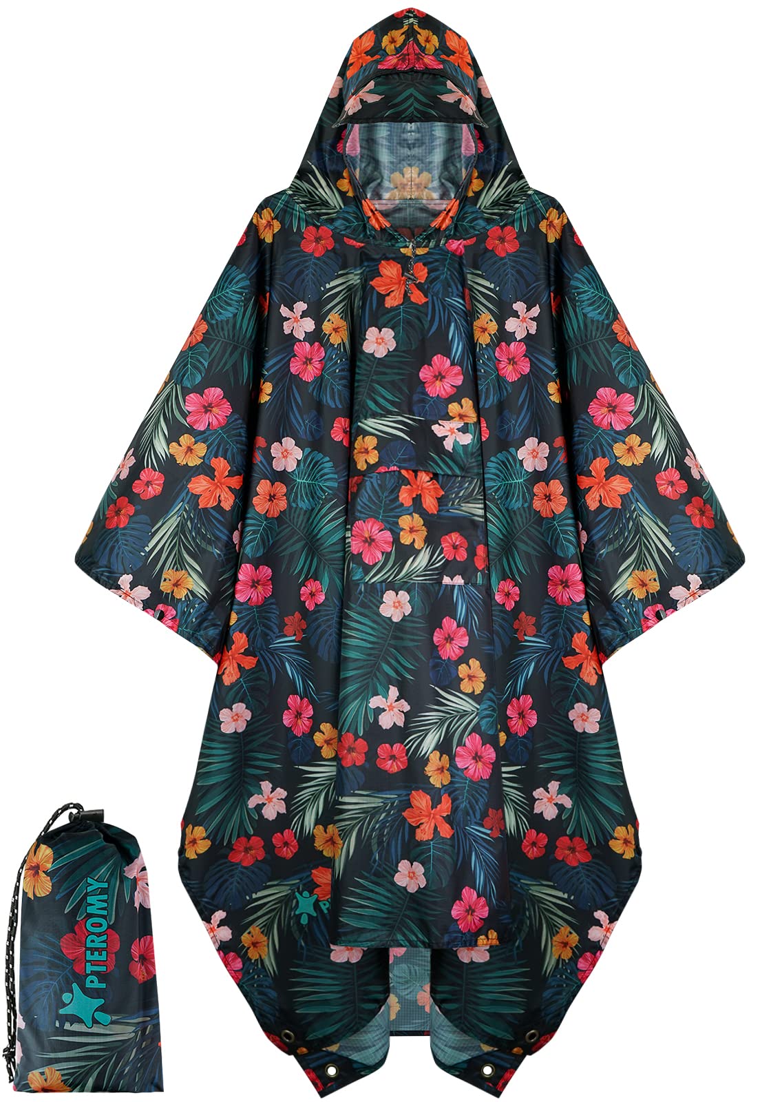 PTEROMY Hooded Rain Poncho for Adults, Reusable Waterproof Raincoat