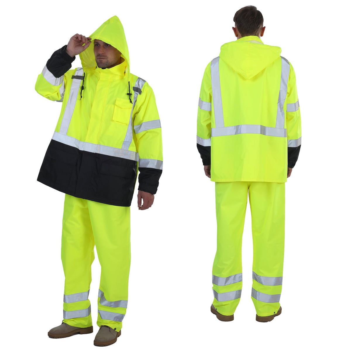 sesafety Hi Vis Rain Jacket, Rain Suits for Men Waterproof withBlack Bottom