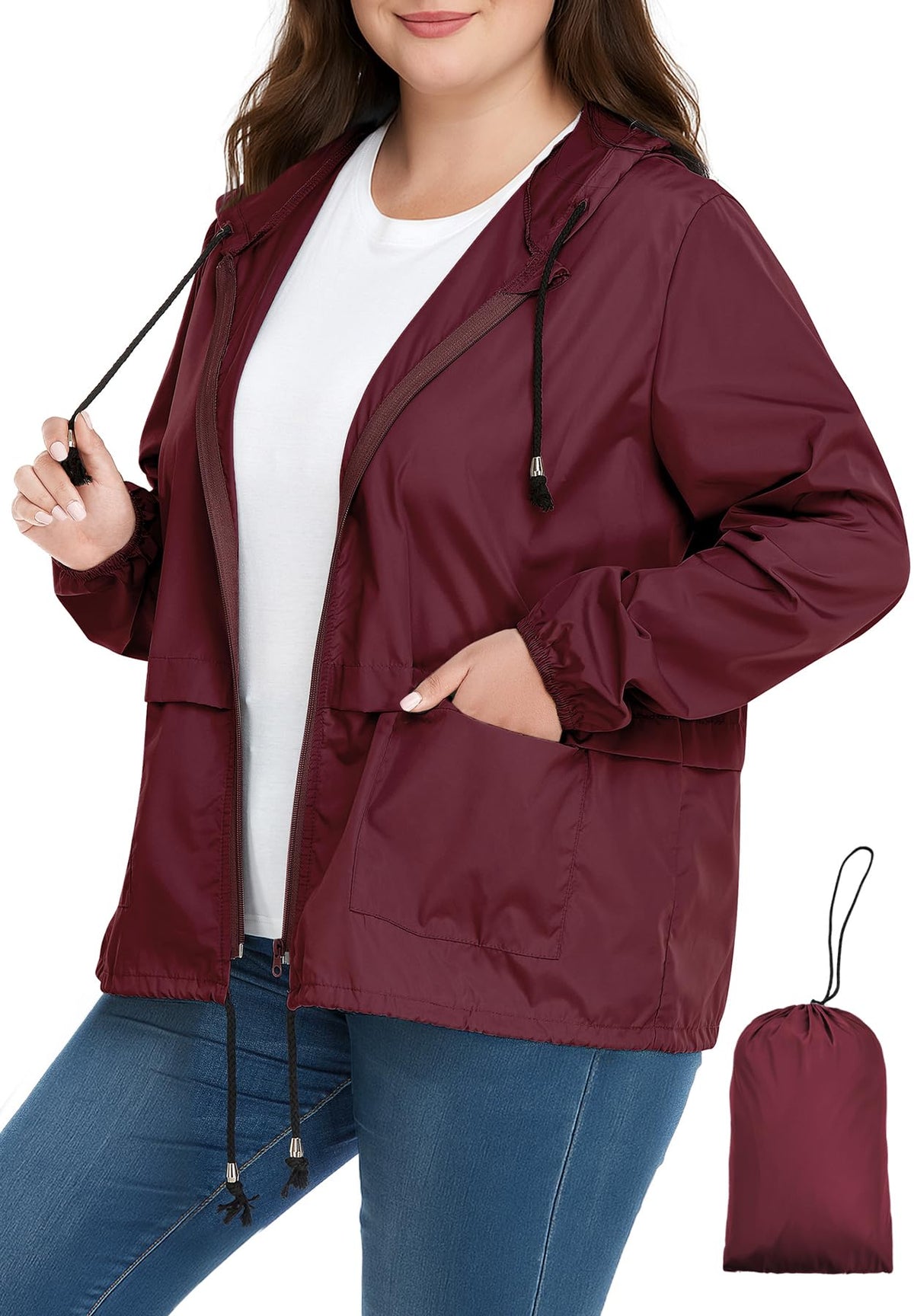 Zando Plus Size Rain Jacket Women Lightweight Packable Hooded Windbreaker