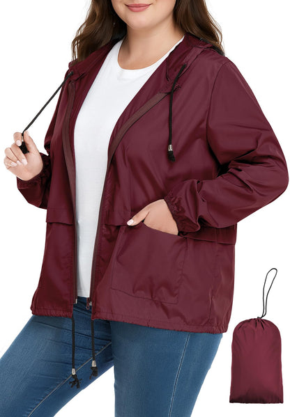 Zando Plus Size Rain Jacket Women Lightweight Packable Hooded Windbreaker