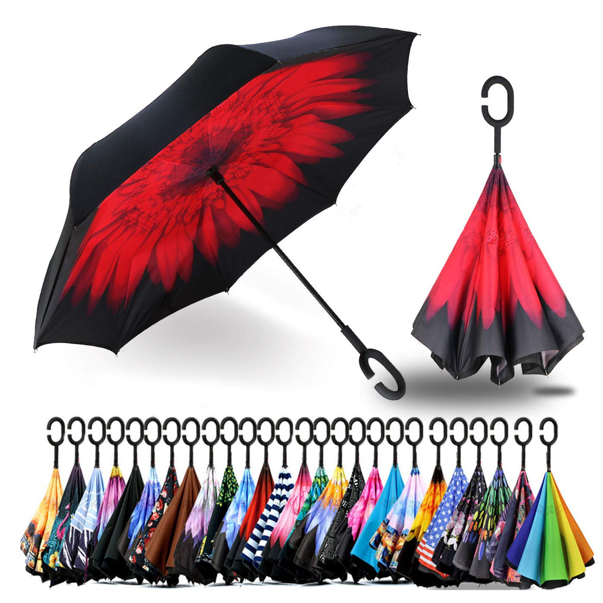 SIEPASA 49/56 Inch Inverted Reverse Upside Down Umbrella, Extra Large Double Canopy Vented Windproof Waterproof Stick Golf Umbrellas with C-shape Handle.