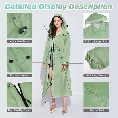 LAMA Womens Long Raincoats Rain Jacket Waterproof Packable Hooded Windbreaker Lightweight Adjustable Waist for Outdoor