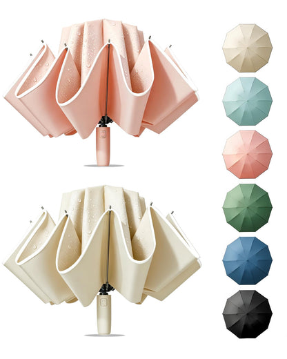 Fogkey Large Windproof Travel Umbrella - Reverse Auto Folding Car Umbrella for Rain and Sun, Compact Inverted Design with Waterproof Canopy, 10 Durable Ribs, Fits Backpack, Portable for Women & Men