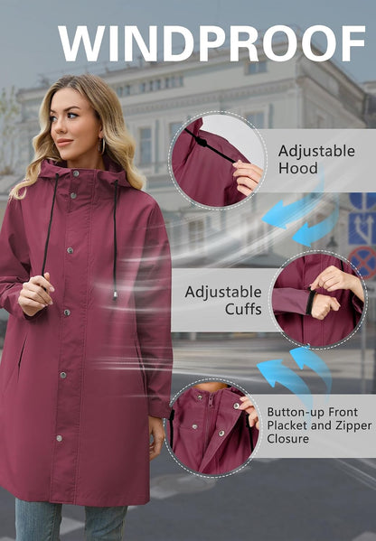 Zando Long Packable Rain Jacket Women Waterproof Raincoat with Hood