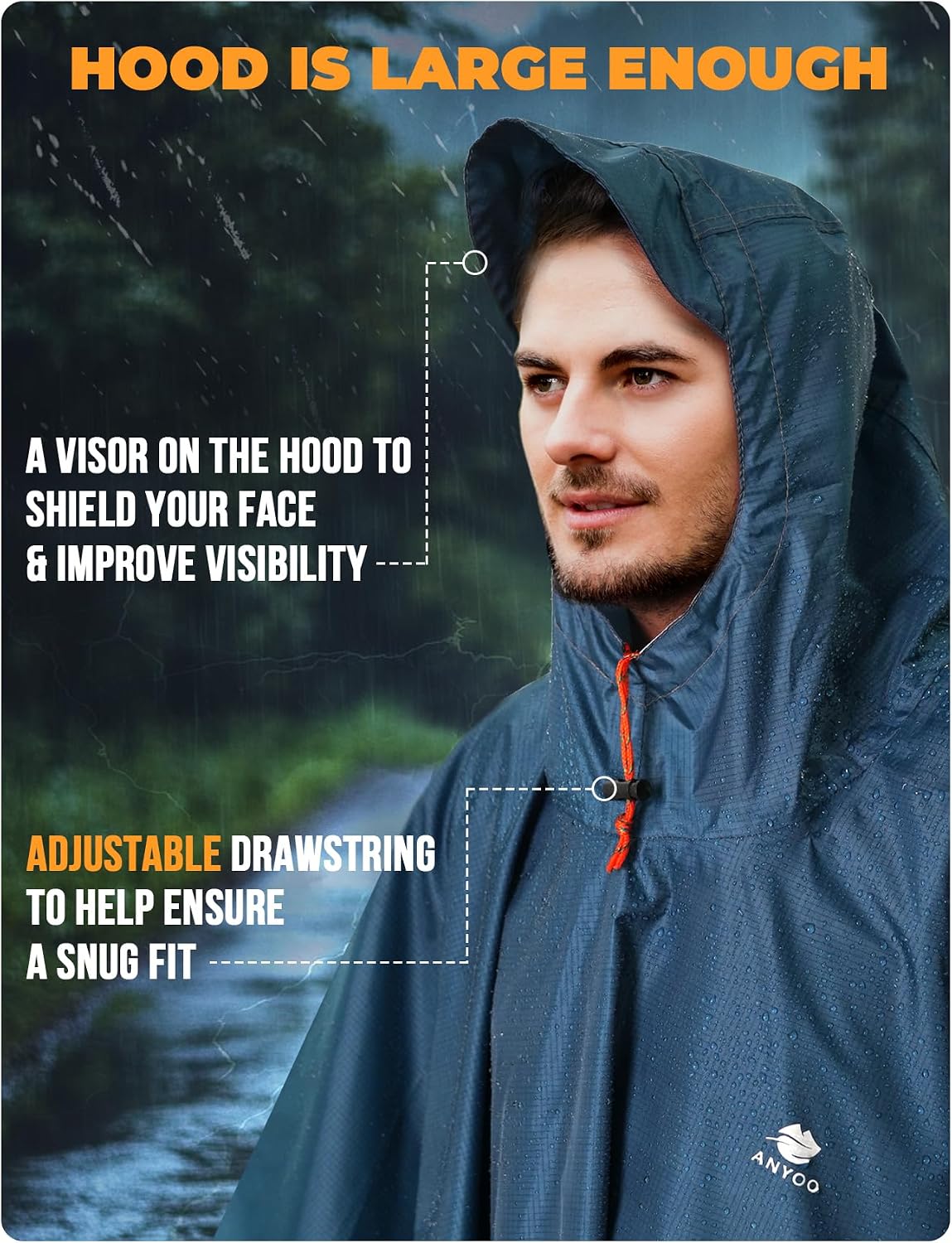 ANYOO Hooded Rain Poncho for Adult Waterproof Lightweight Raincoat