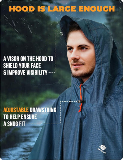 ANYOO Hooded Rain Poncho for Adult Waterproof Lightweight Raincoat