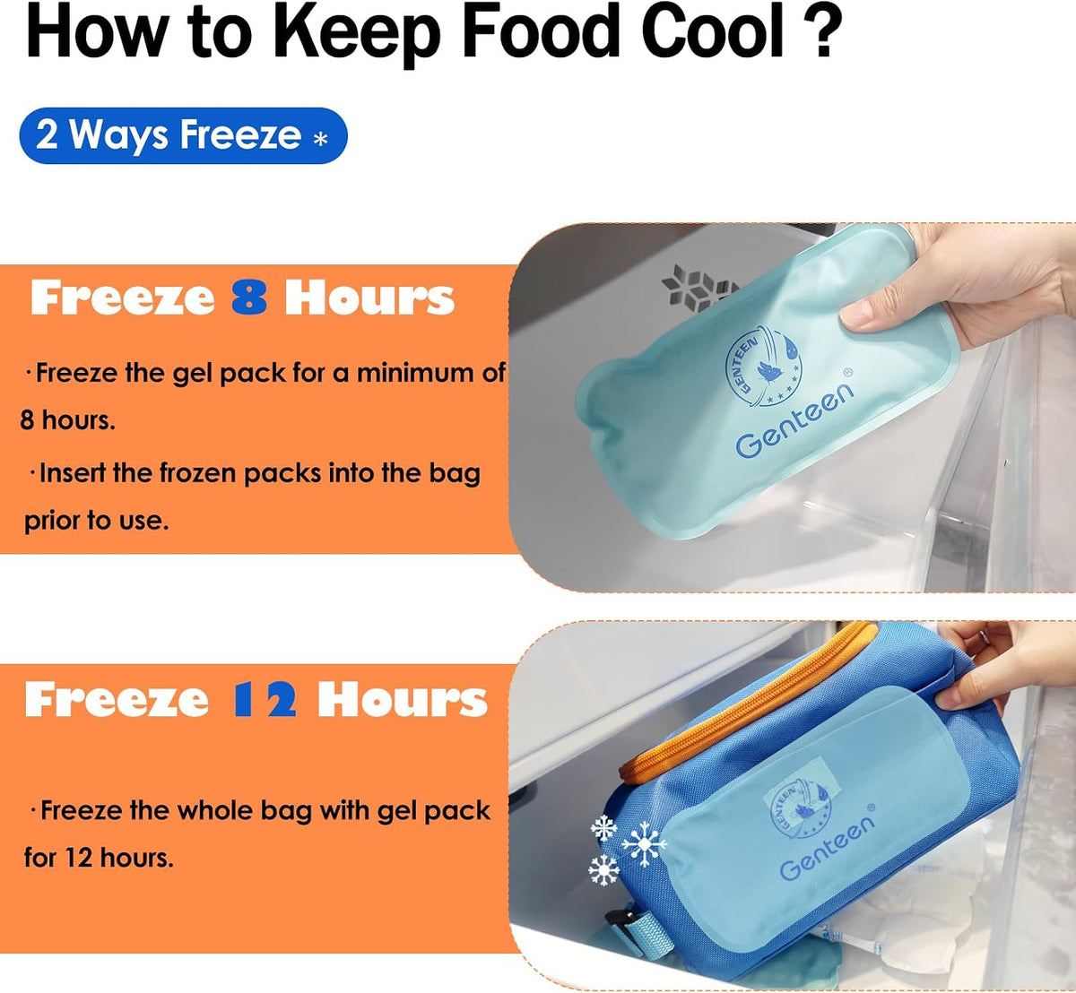 Genteen Small Cooler Bag with Ice Packs, Insulated Leakproof Reusable Lunch & Snack Tote, BPA free Thermal Cooler Bag for School, Travel, Work and Daily Use,Blue