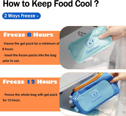 Genteen Small Cooler Bag with Ice Packs, Insulated Leakproof Reusable Lunch & Snack Tote, BPA free Thermal Cooler Bag for School, Travel, Work and Daily Use,Blue