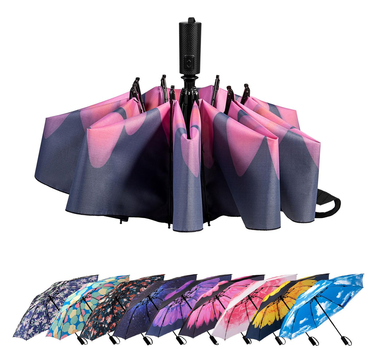 LANBRELLA Compact Reverse Folding Umbrella Auto Windproof Travel Umbrella