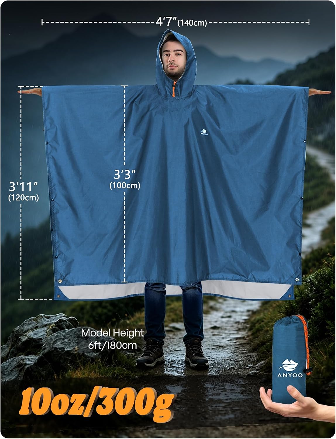 ANYOO Hooded Rain Poncho for Adult Waterproof Lightweight Raincoat